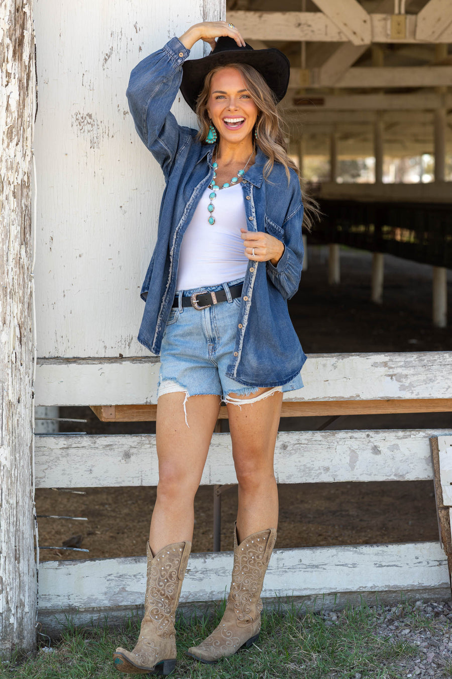 Denim Washed Chambray Raw Edge Button Down