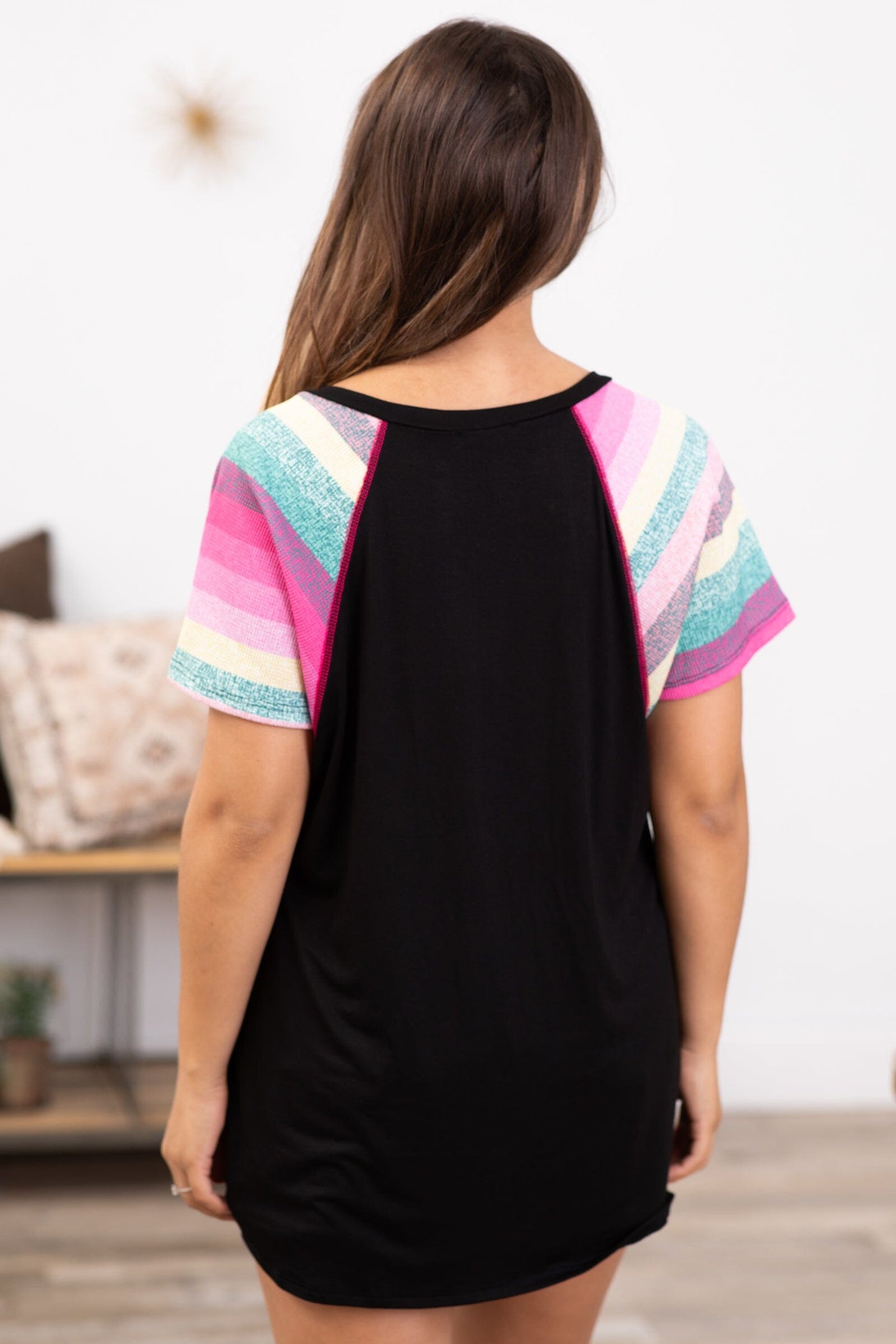 Black Multicolor Stripe Sleeve V-Neck Top - Filly Flair