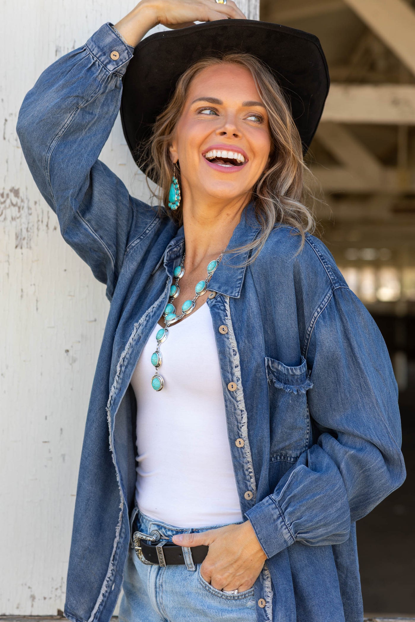 Denim Washed Chambray Raw Edge Button Down