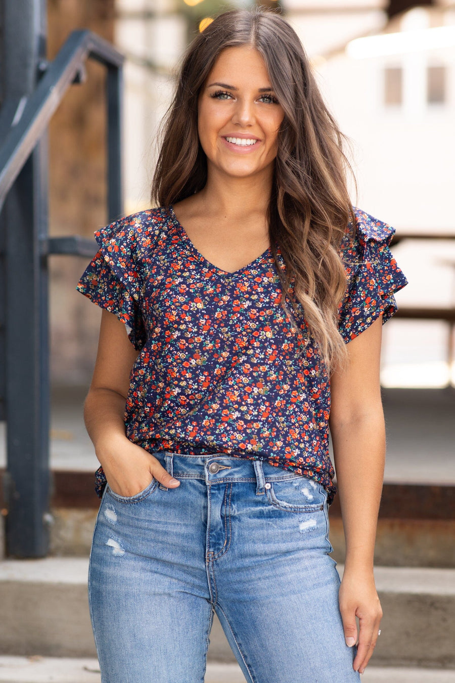 Navy and Red Ditsy Floral Print Top - Filly Flair