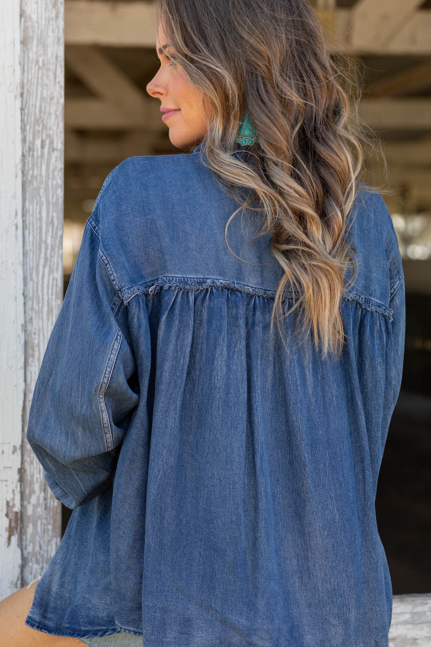 Denim Washed Chambray Raw Edge Button Down