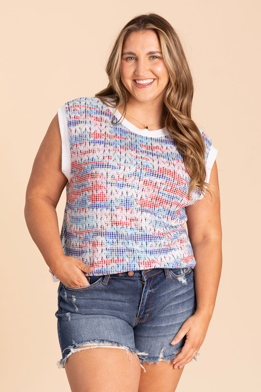 Blue Red And White Colorblock Band Knit Top