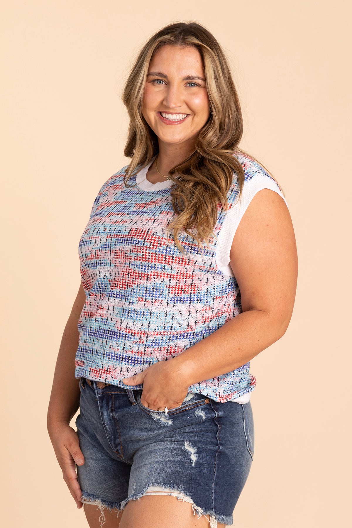 Blue Red And White Colorblock Band Knit Top
