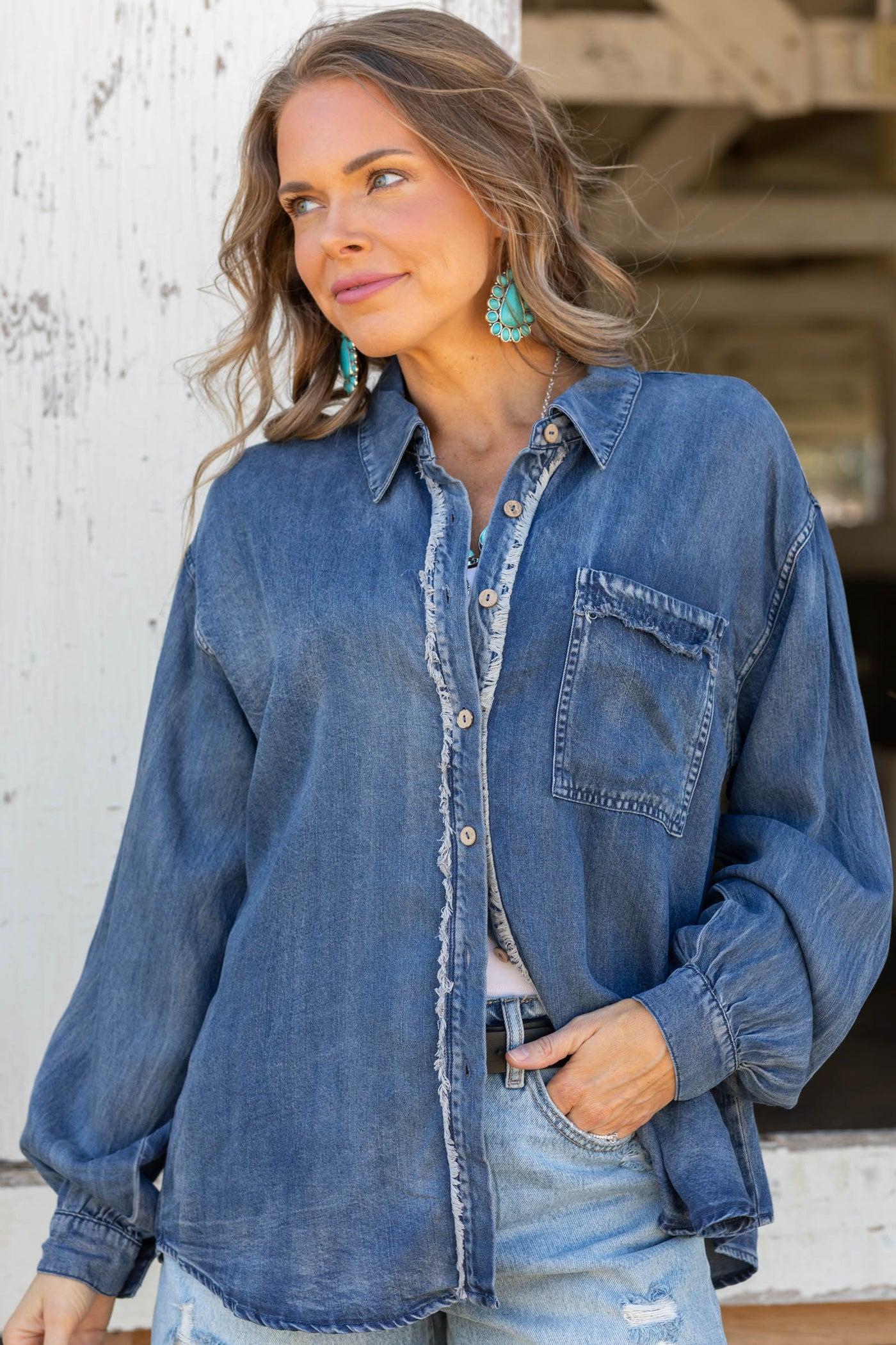 Denim Washed Chambray Raw Edge Button Down