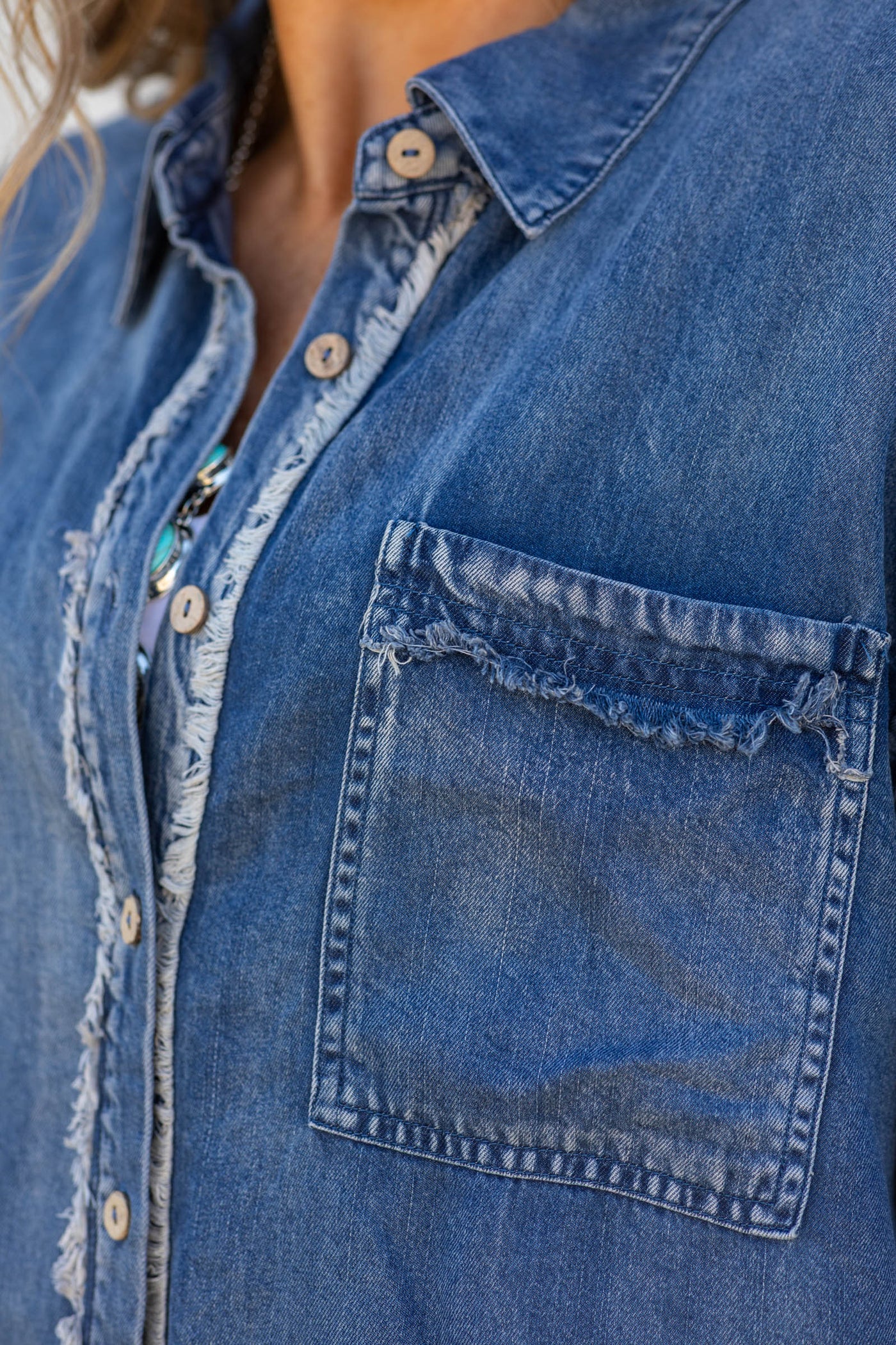 Denim Washed Chambray Raw Edge Button Down