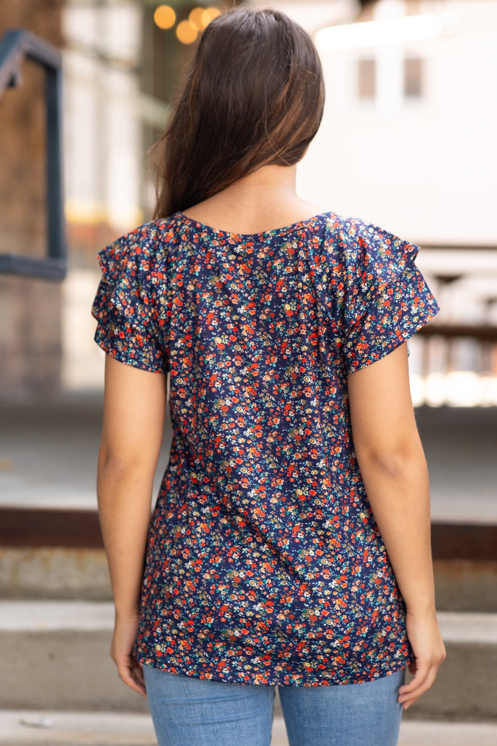 Navy and Red Ditsy Floral Print Top - Filly Flair