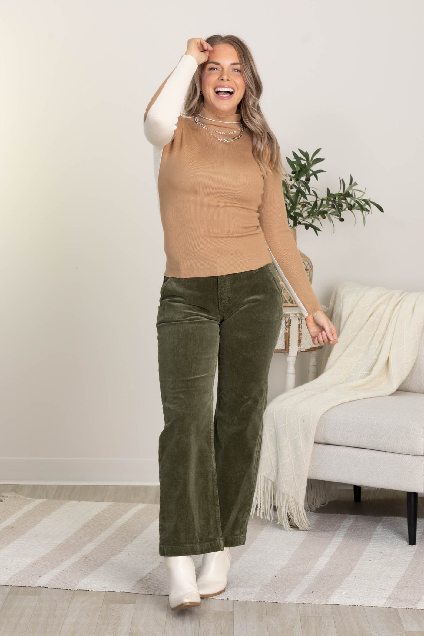 Tan Two-Tone Mock Neck Knit Sweater Top