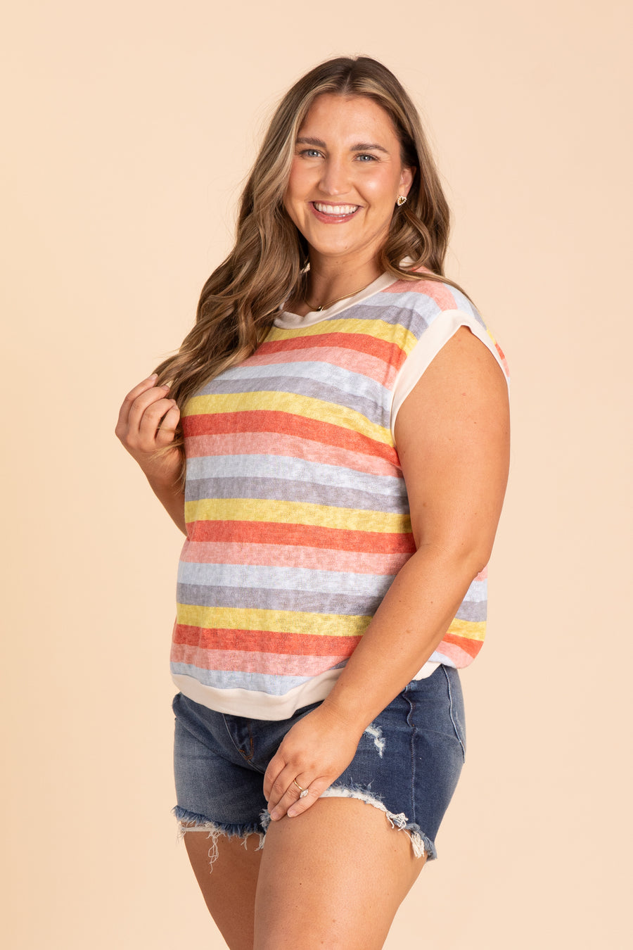 Coral And Yellow Stripe Knit Top
