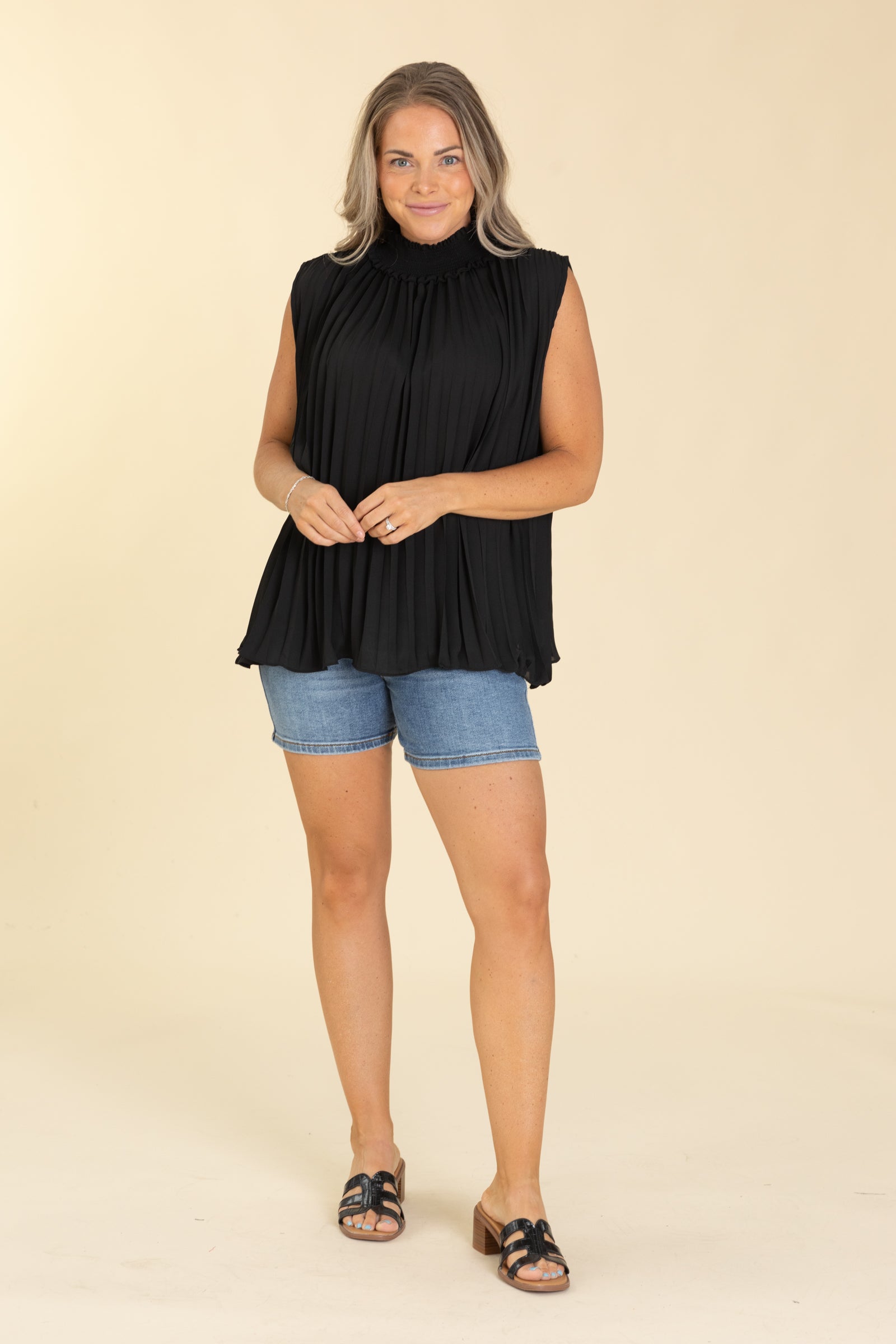 Black Smocked Neck Accordion Pleat Top · Filly Flair