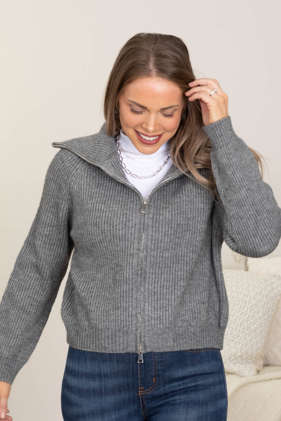 Luxe Funnel Neck Double Zipper Sweater Jackets