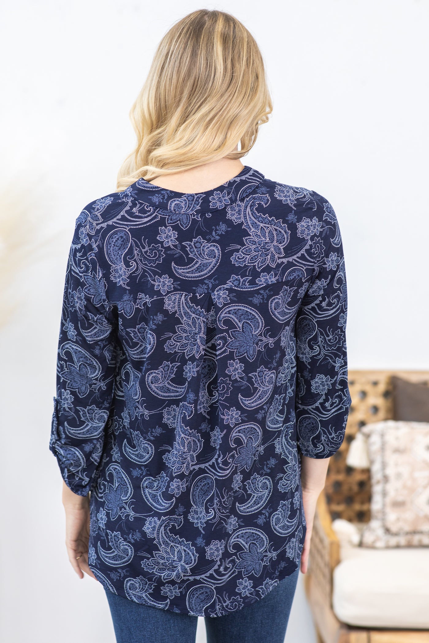 Navy Paisley Wrinkle Free Printed Lizzy Top