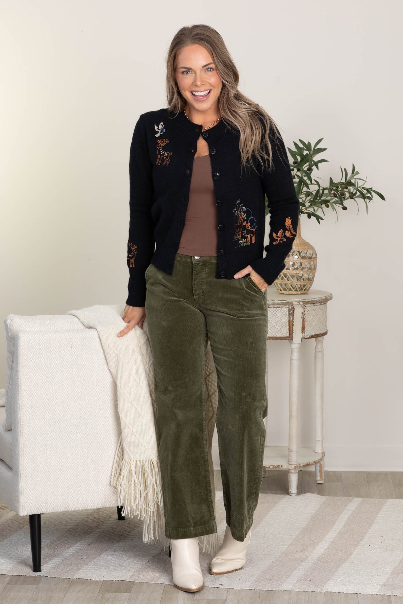 Black Animal Embroidery Detail Button Cardigan