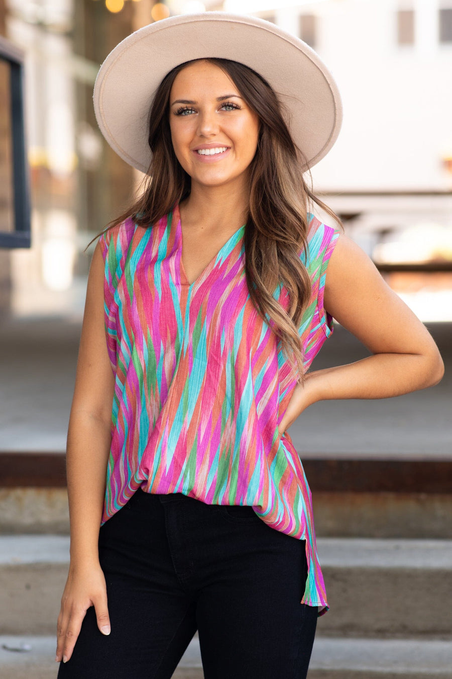 Fuchsia and Turquoise Abstract Print Tank - Filly Flair