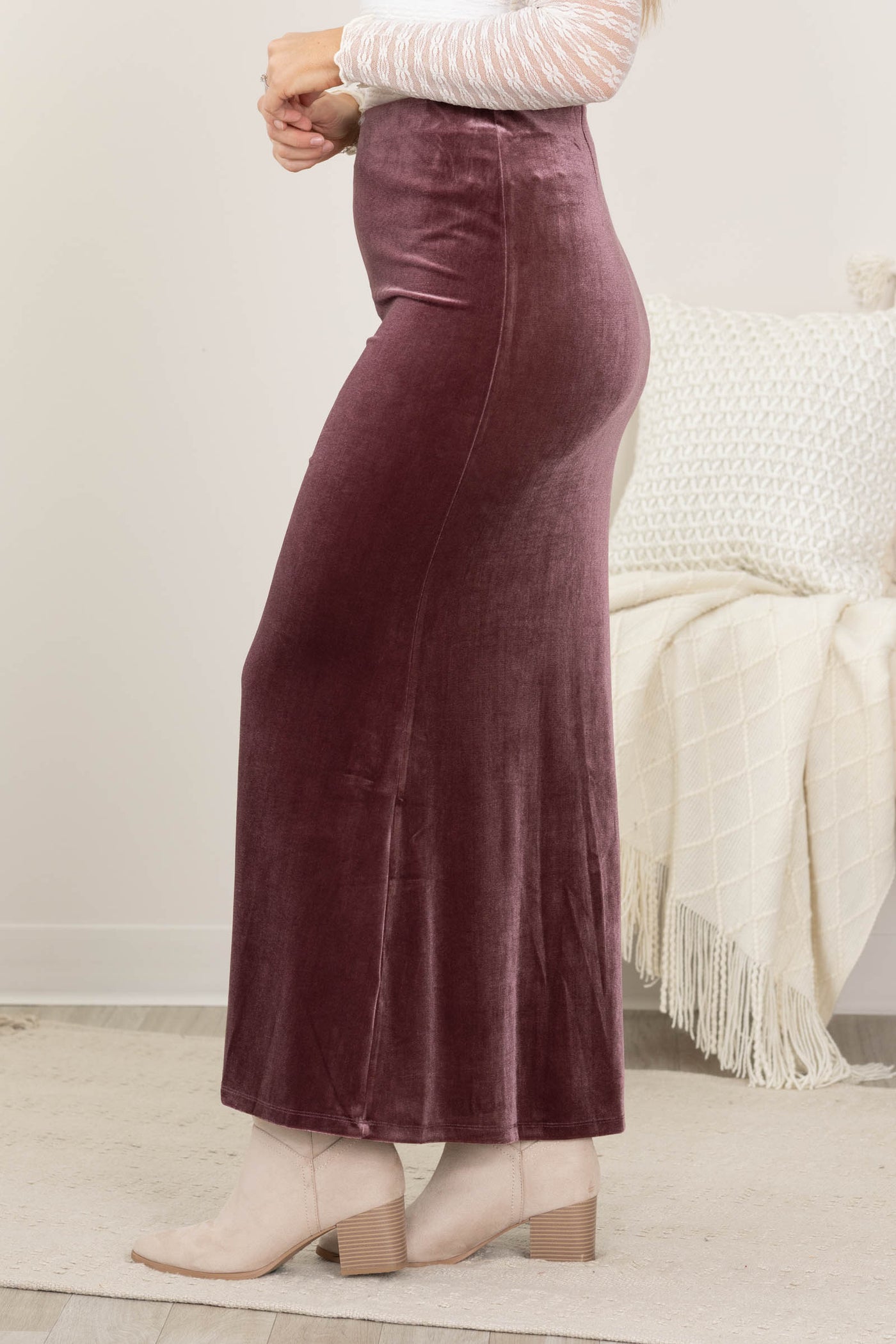 Mauve Velvet Pull On Maxi Skirt