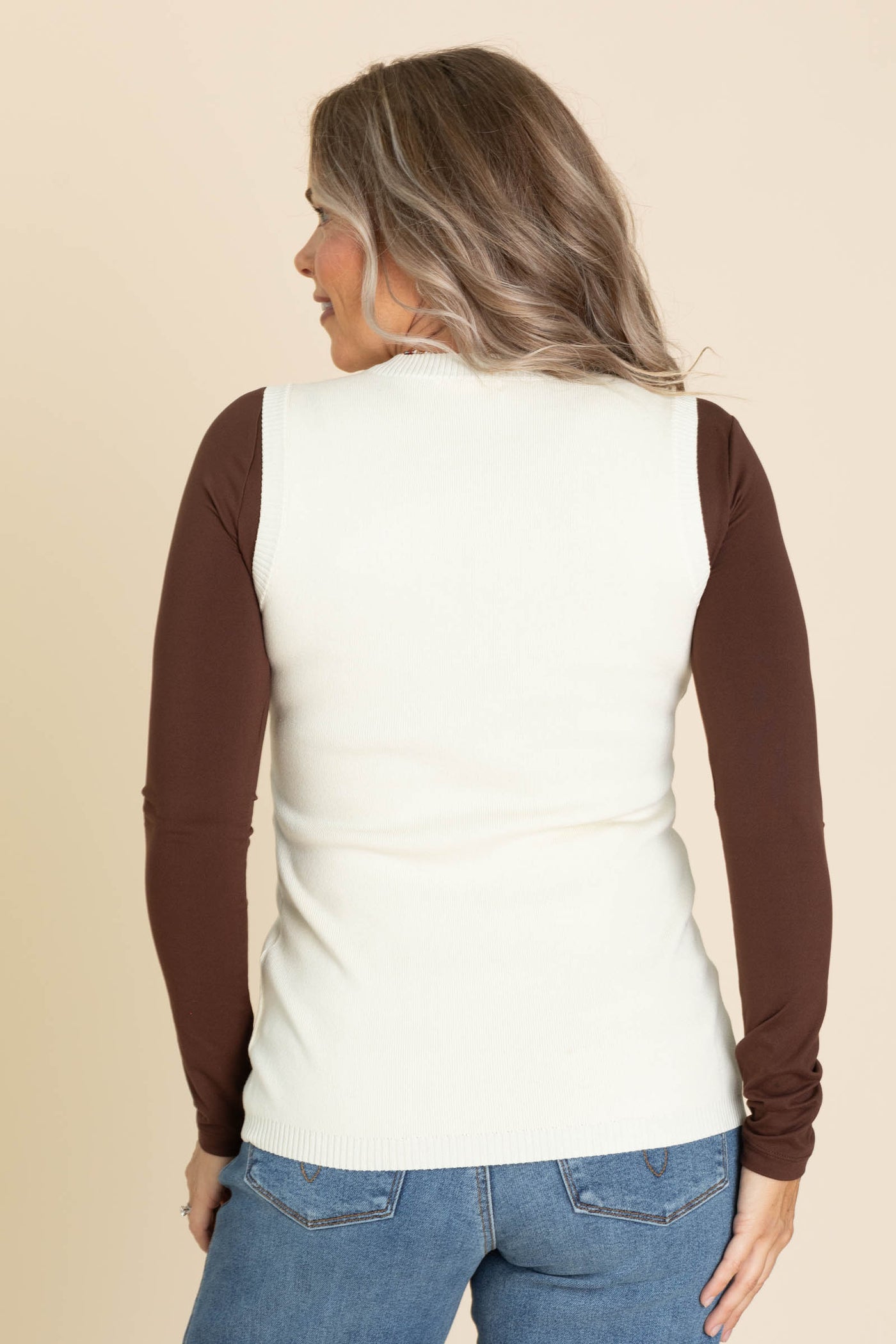 Cream Ribbed Knit Sweater Vest