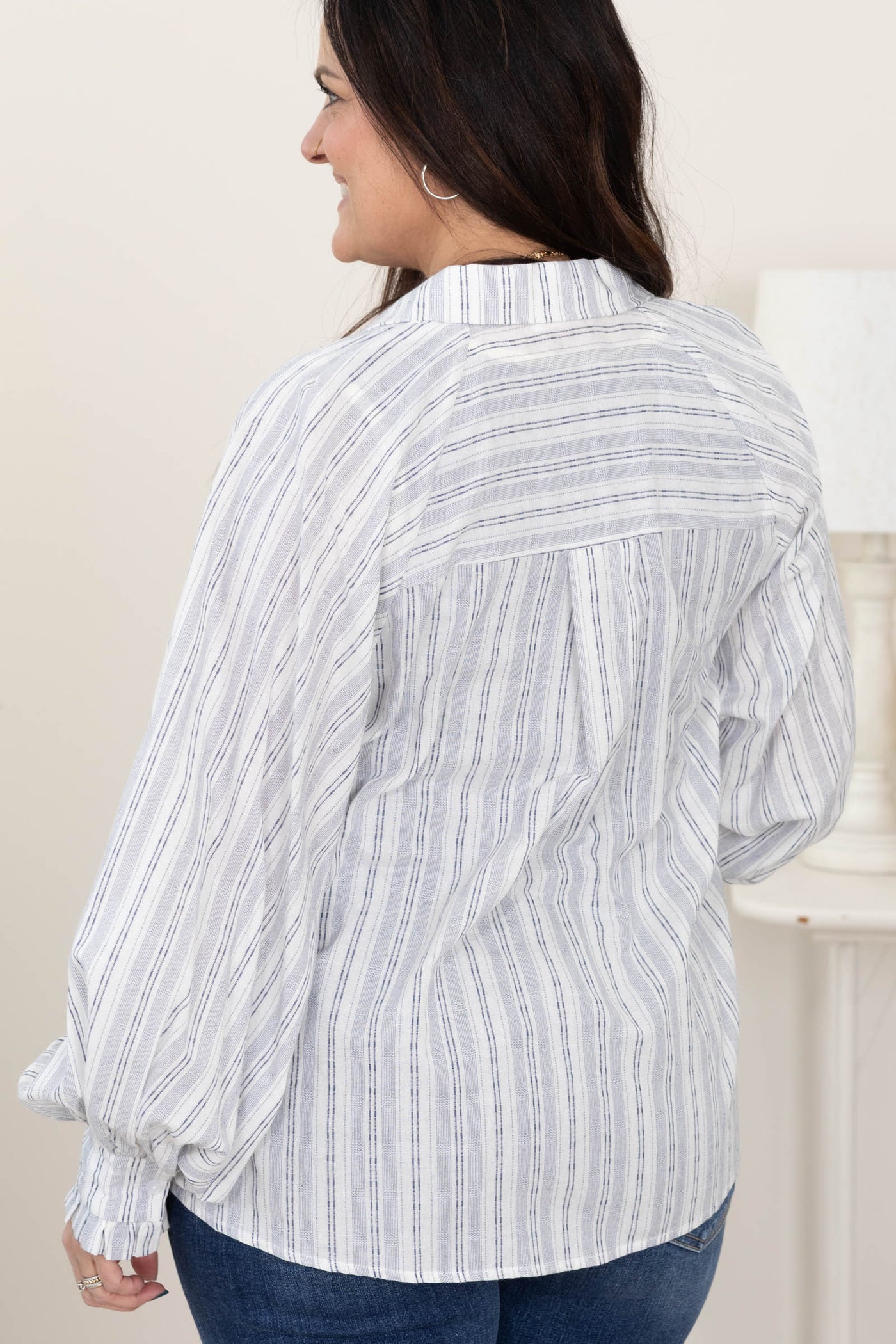 Slate Blue Stripe Balloon Sleeve Woven Top