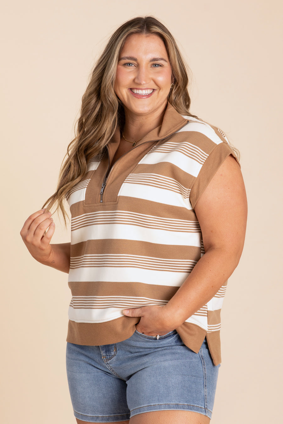Camel Stripe Quarter Zip Sleeveless Knit Top