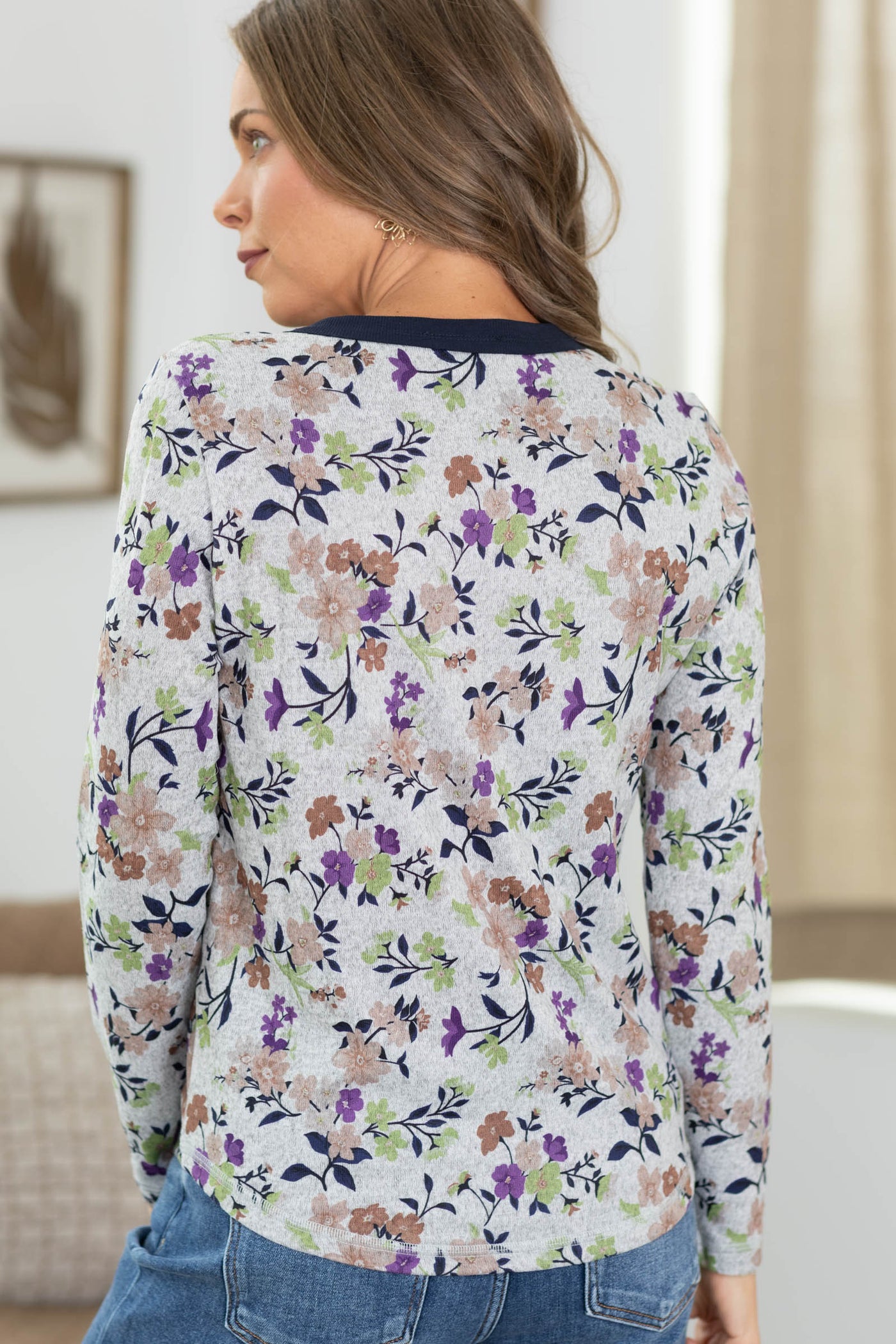 Staccato Heather Grey And Navy Floral Hacci Top