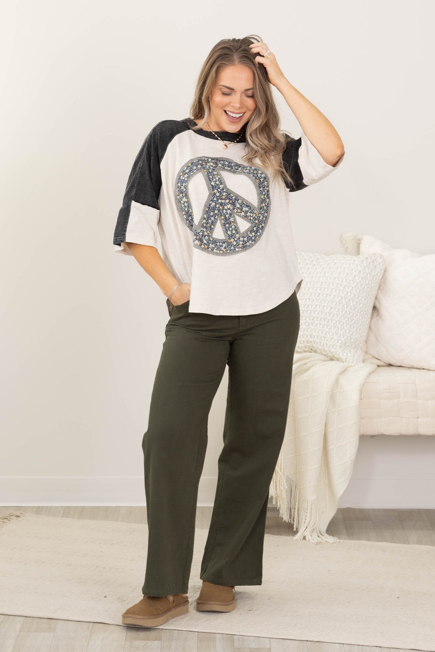 Black and Ivory Patchwork Peace Sign Top