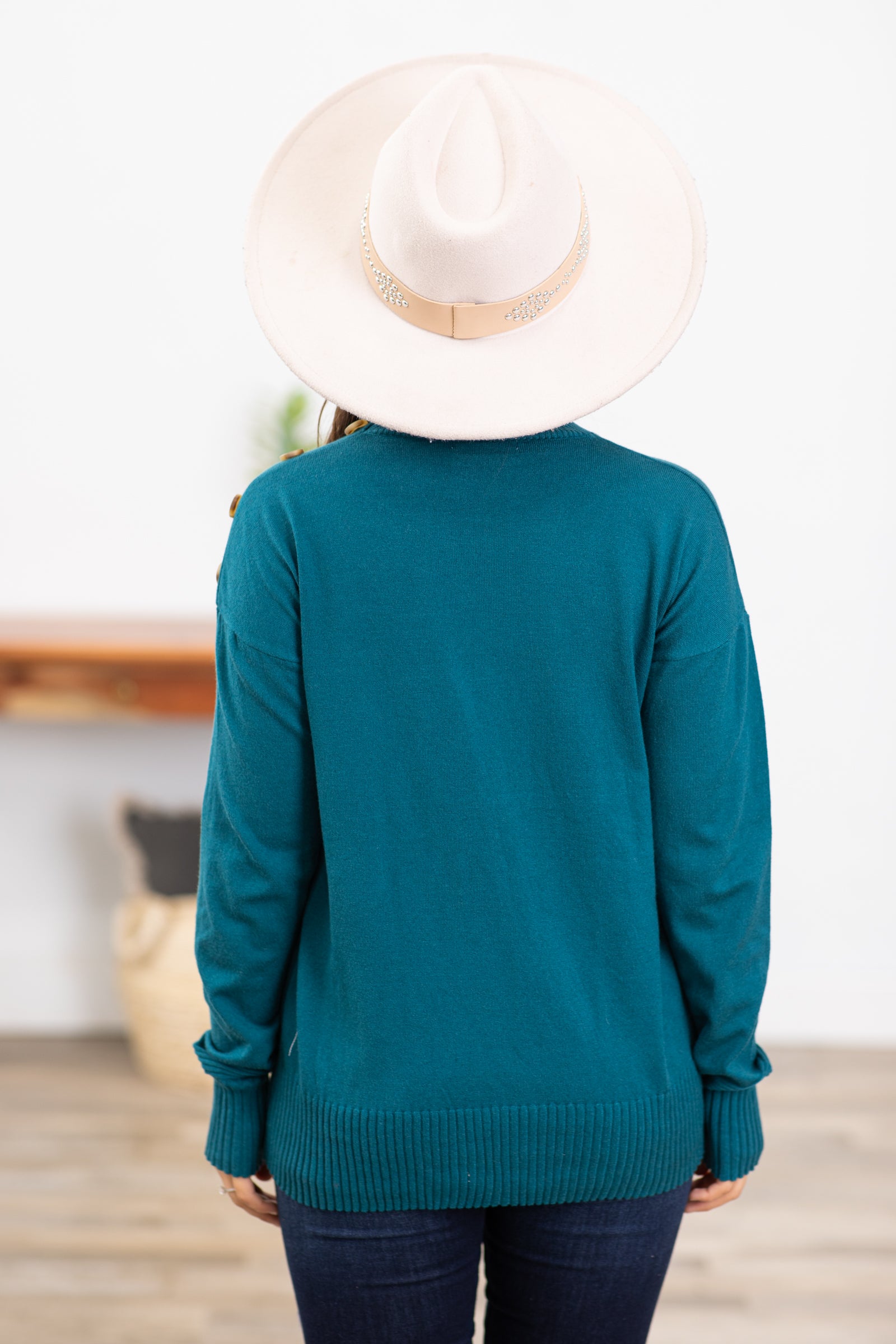 Teal Mock Neck Sweater With Button Detail