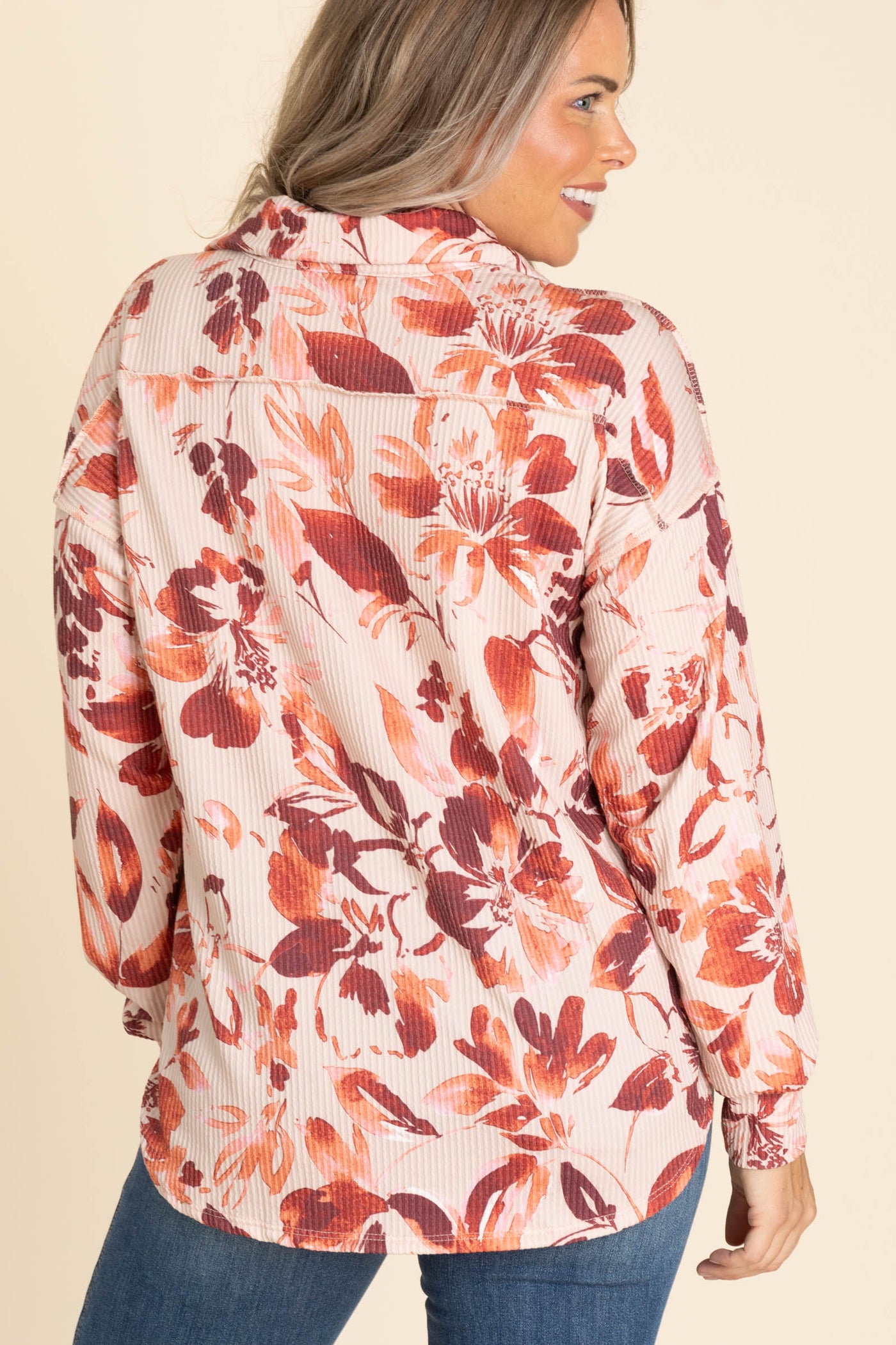 Desert Tan Floral Ribbed Knit Button Down