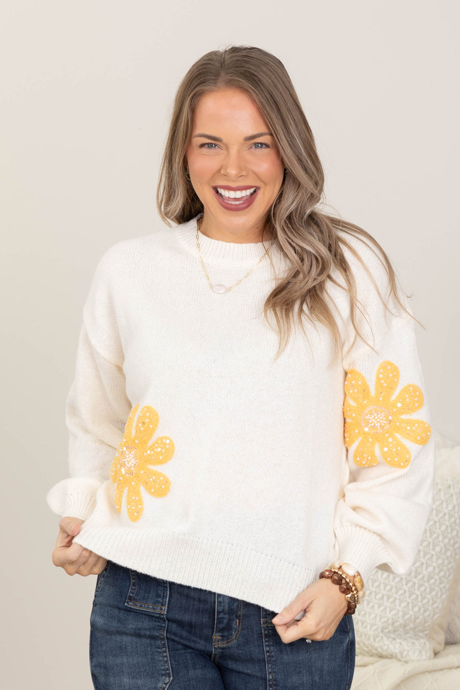 Ivory With Yellow Daisies Sweater