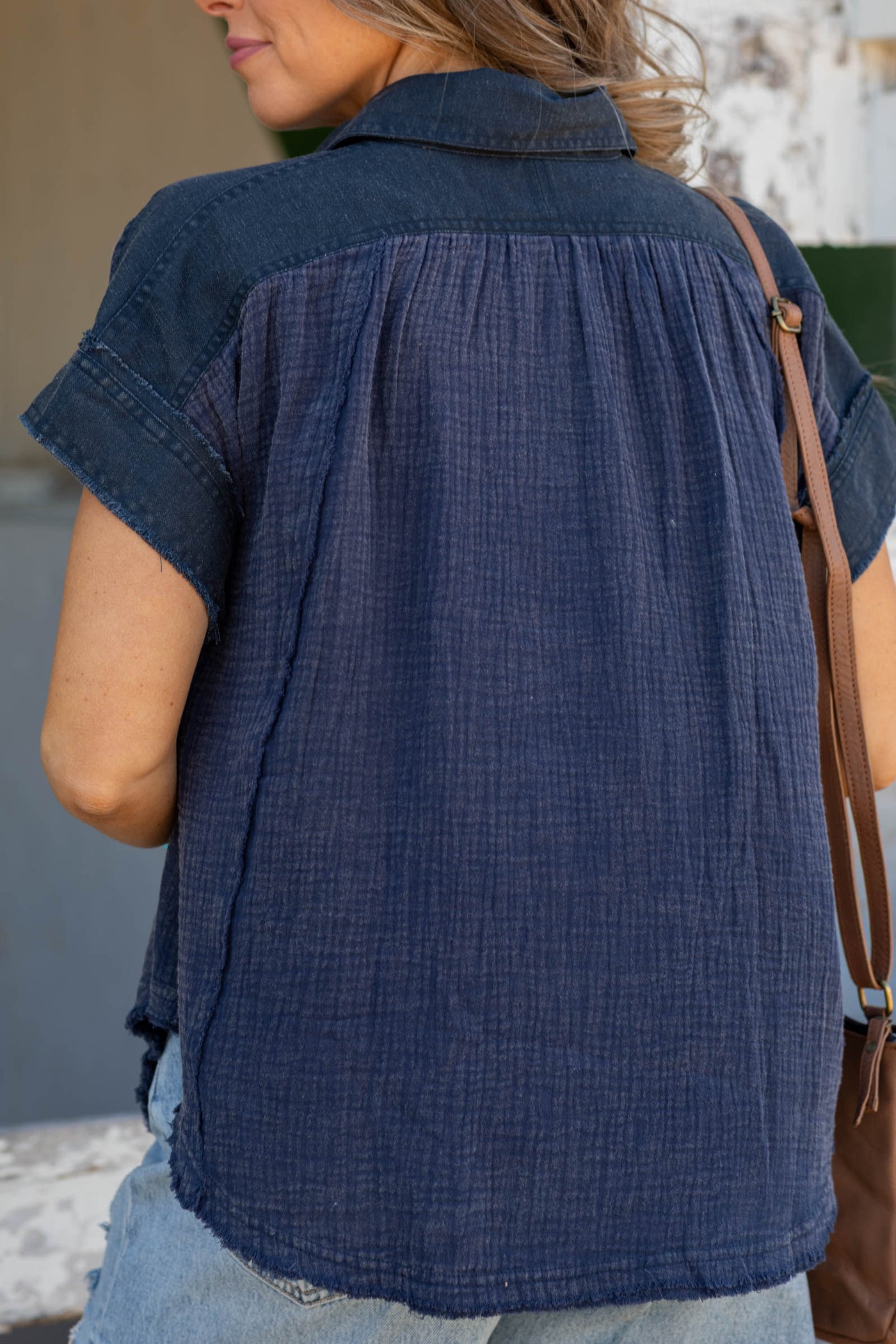 Dark Navy Mineral Washed Cotton Gauze Top- 100% Cotton