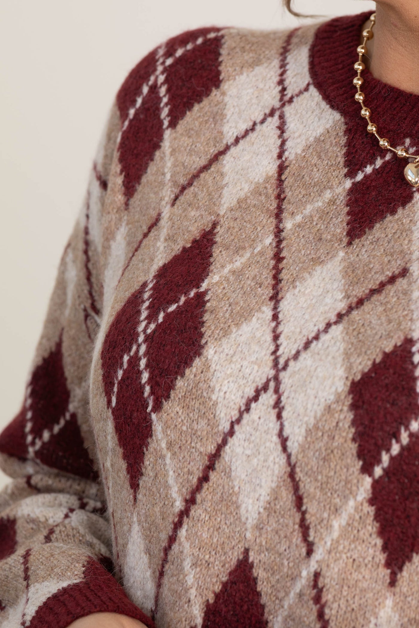 Burgundy Argyle Pattern Long Sleeve Sweater