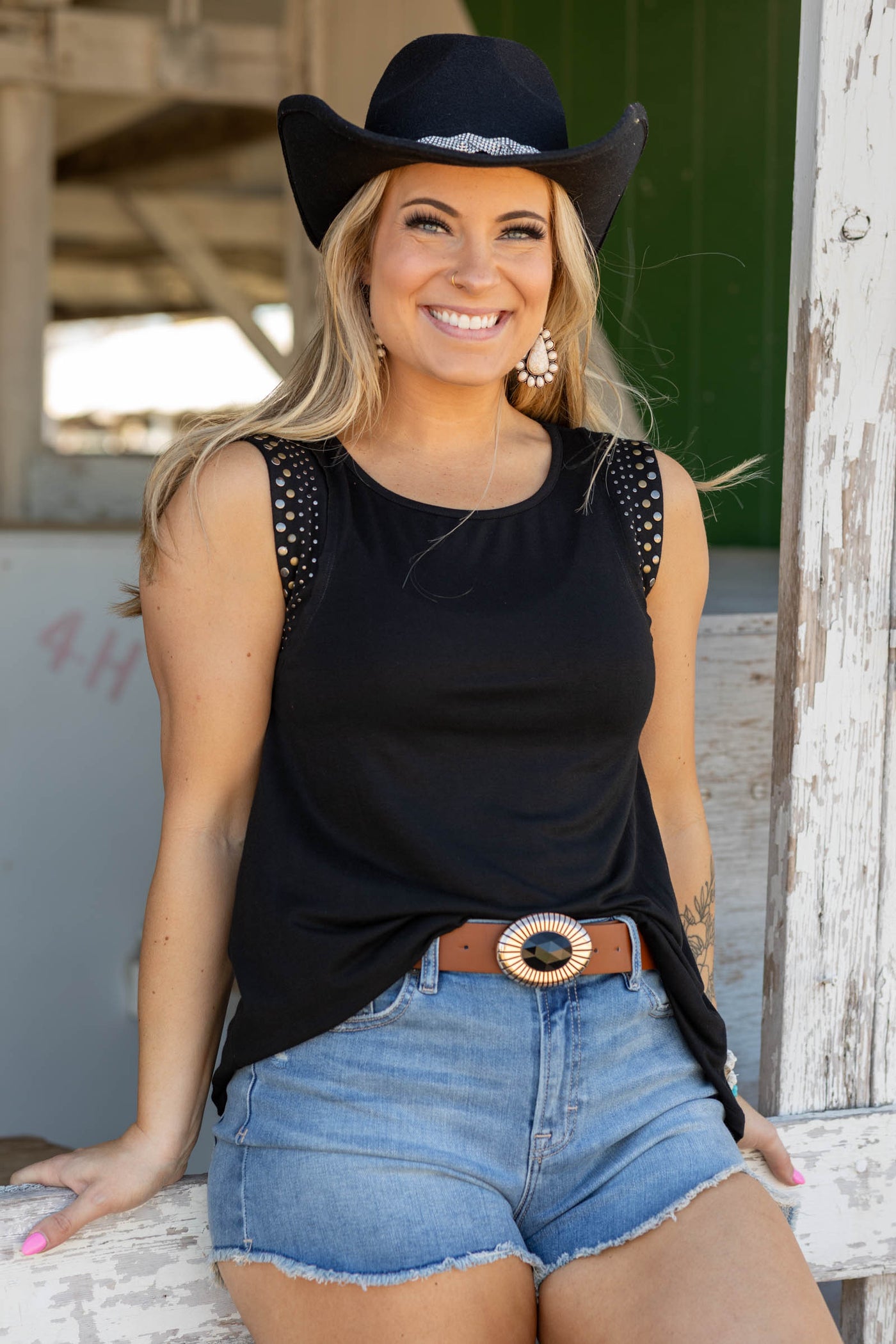 Black Soft Knit Cap Sleeve Stud Detail Top