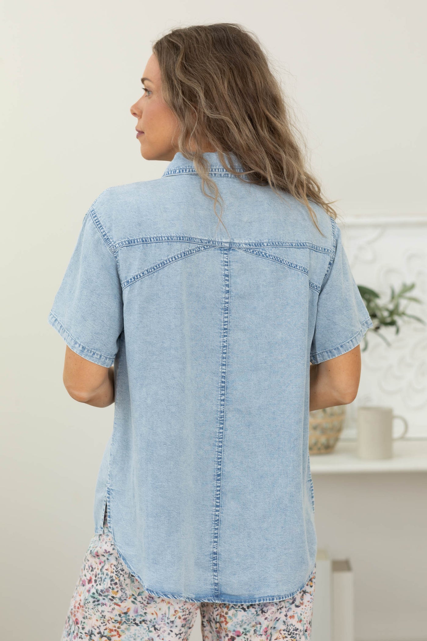 Light Wash Short Sleeve Tencel Button Up Shirt