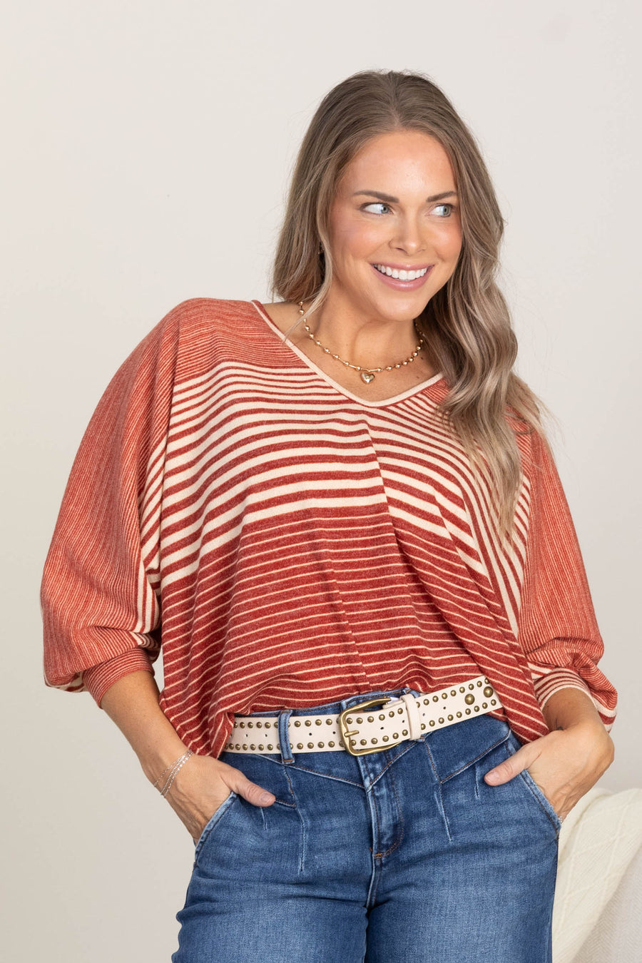Cranberry With Cream Stripes V-Neck Knit Top