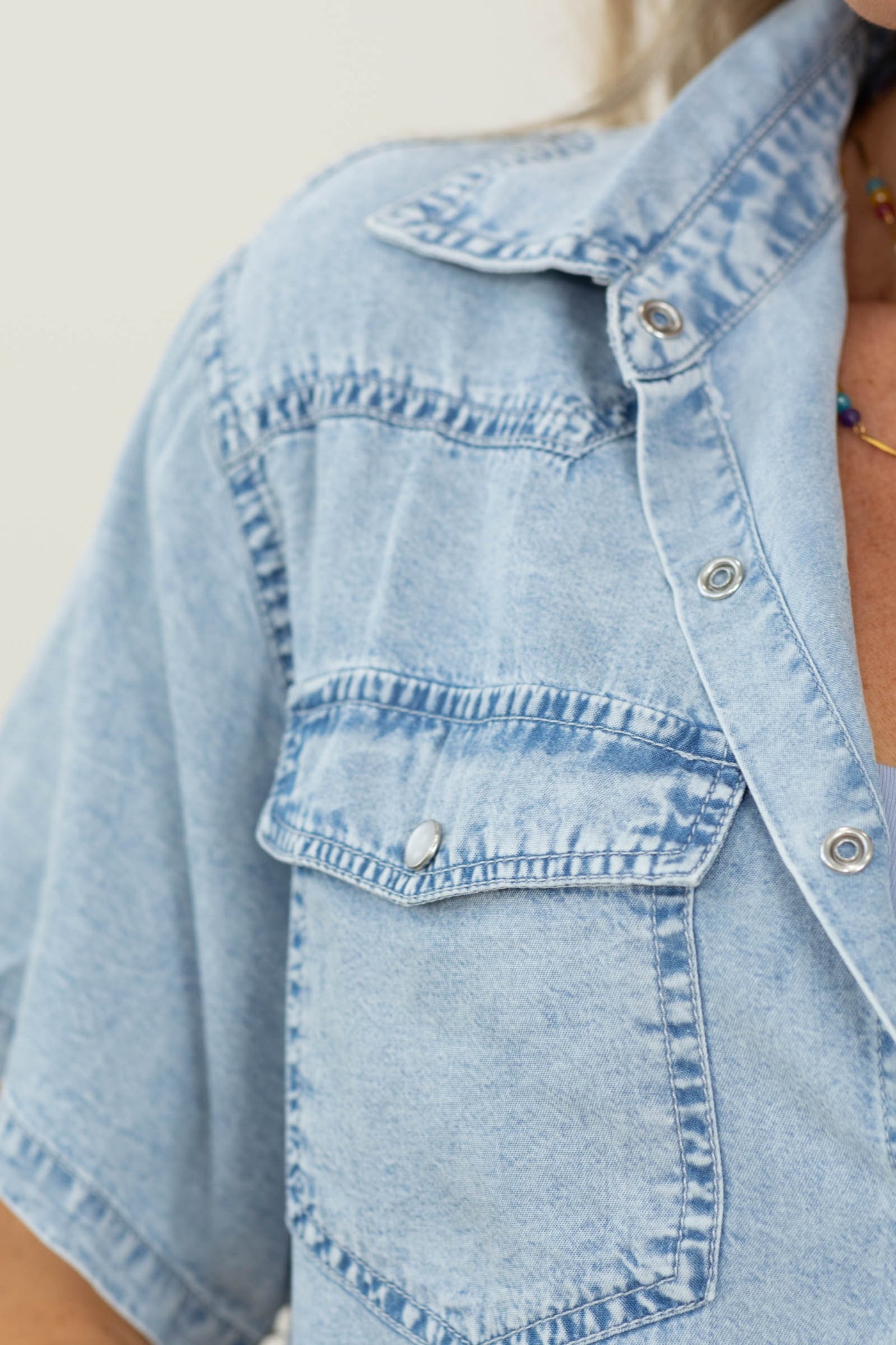 Light Wash Short Sleeve Tencel Button Up Shirt
