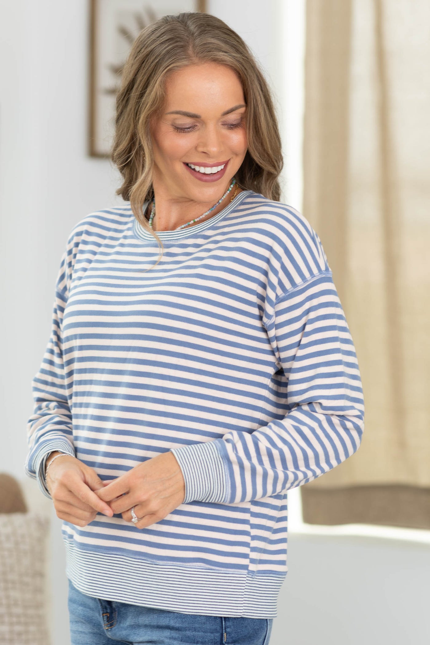 Staccato Drop Shoulder Brushed Stripe Knit Top