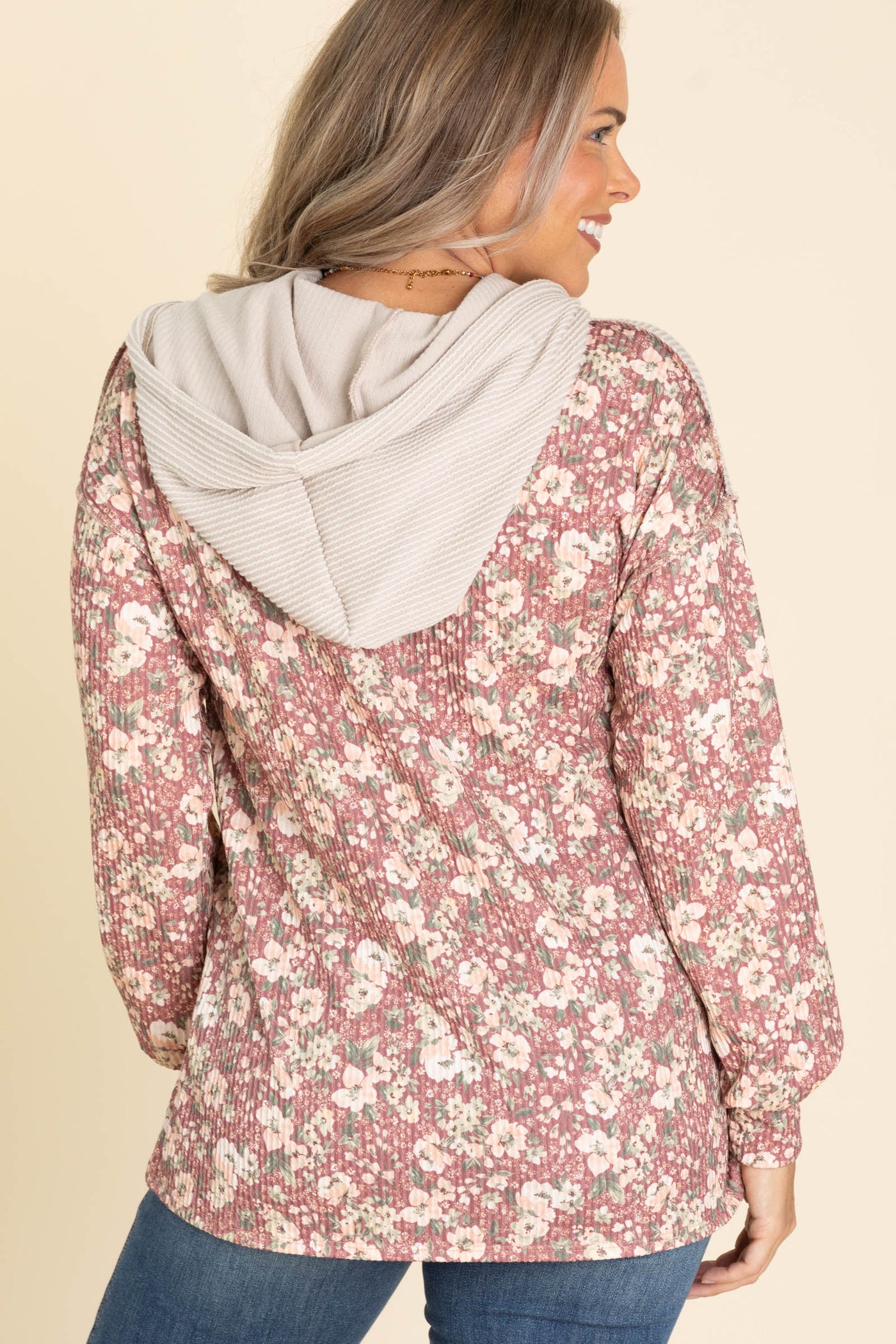 Tan Ribbed Floral Hoodie Knit Top