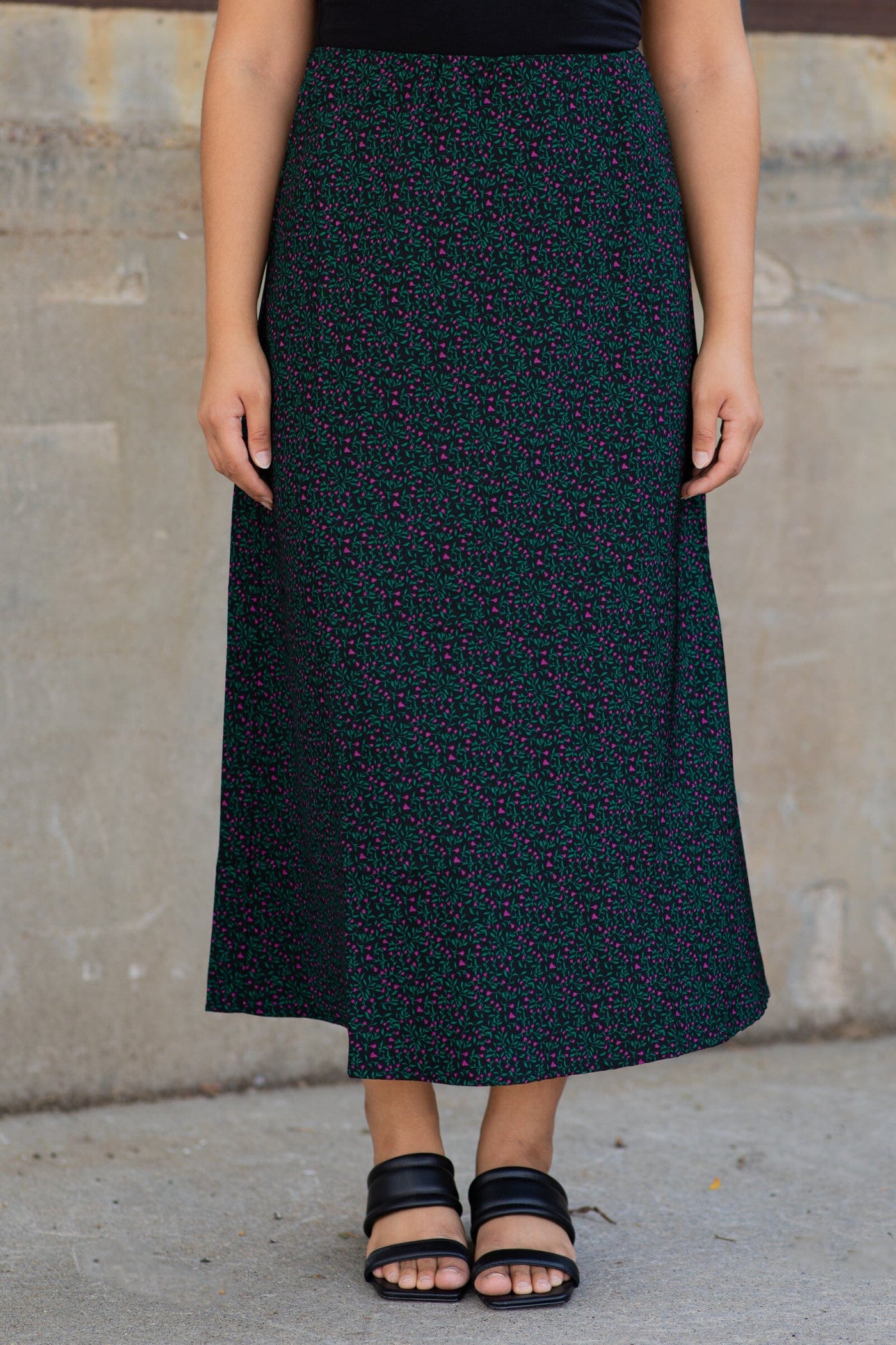 Black Ditsy Floral Midi Length Skirt - Filly Flair