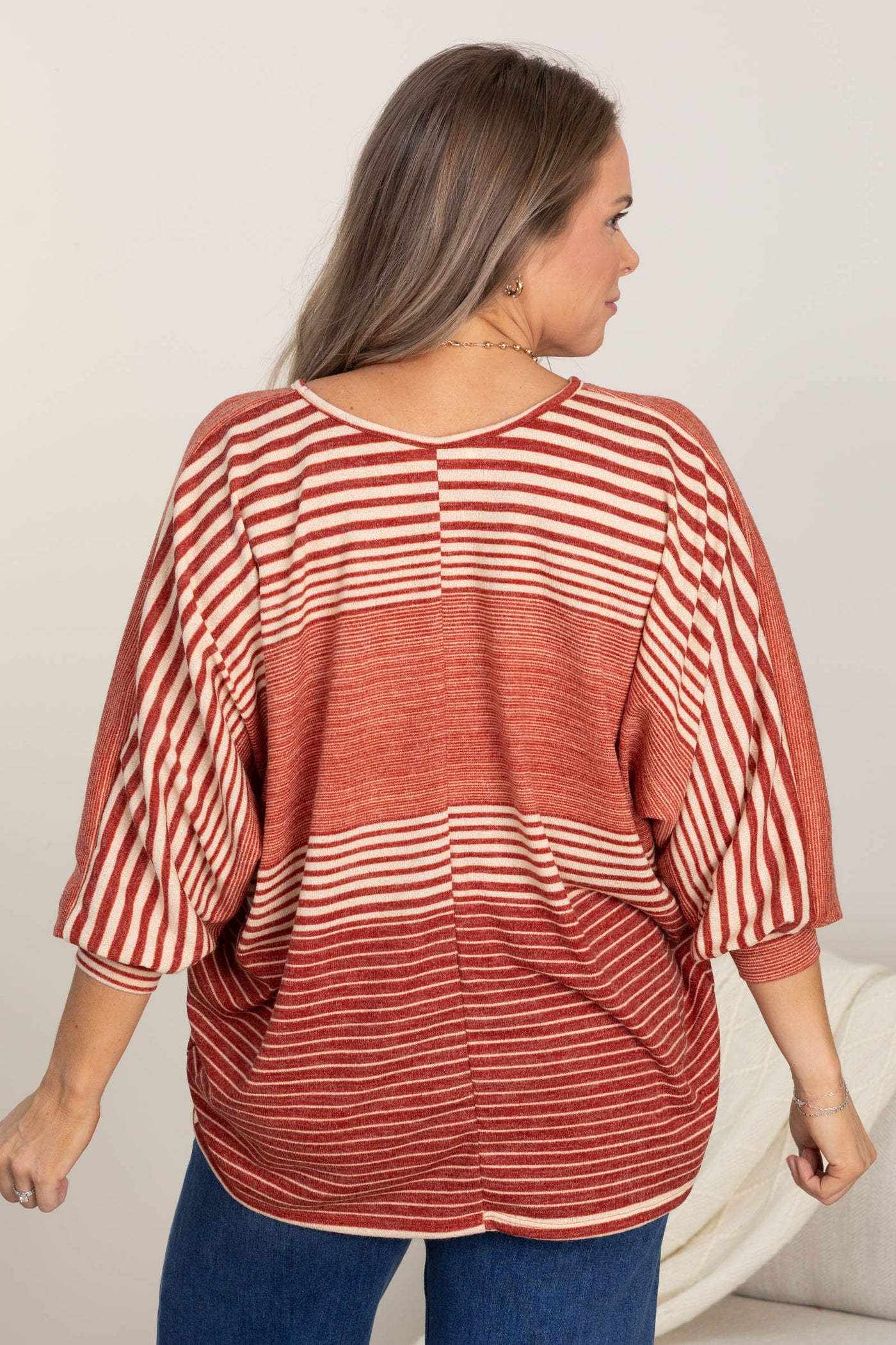 Cranberry With Cream Stripes V-Neck Knit Top