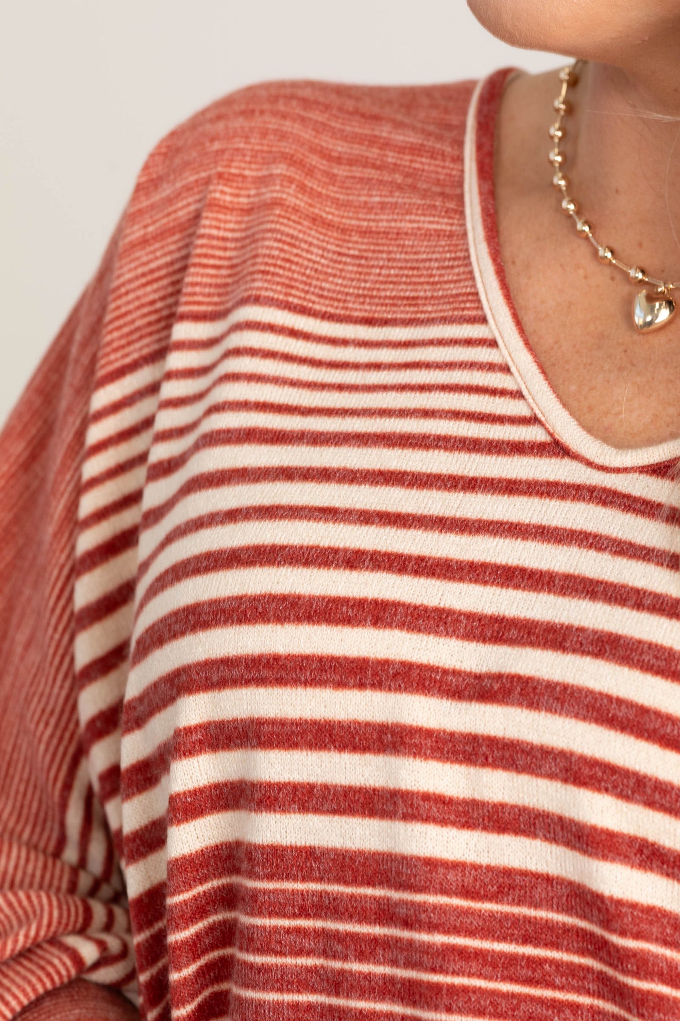 Cranberry With Cream Stripes V-Neck Knit Top