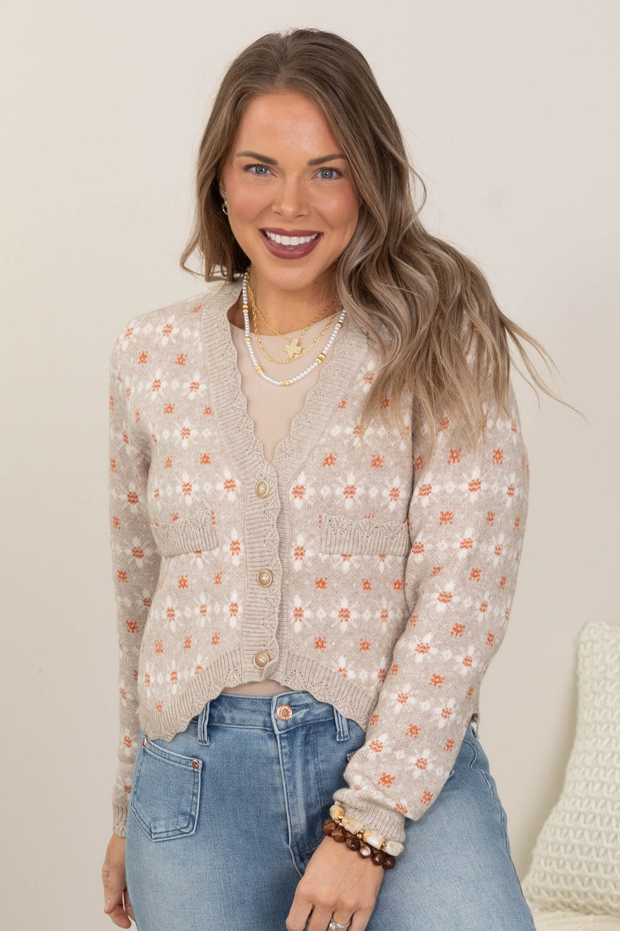 Beige Floral Button Down Sweater Cardigan