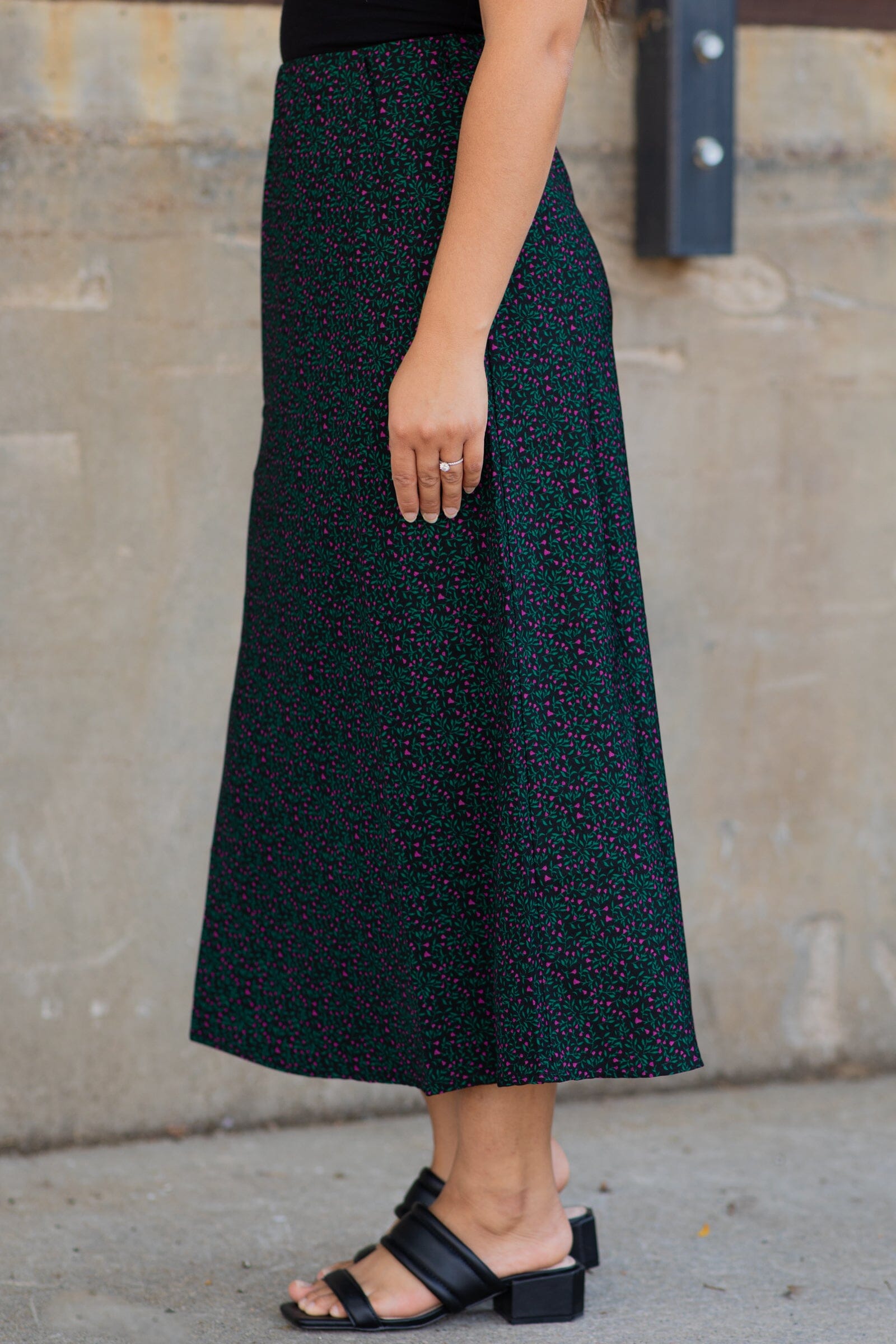 Black Ditsy Floral Midi Length Skirt - Filly Flair