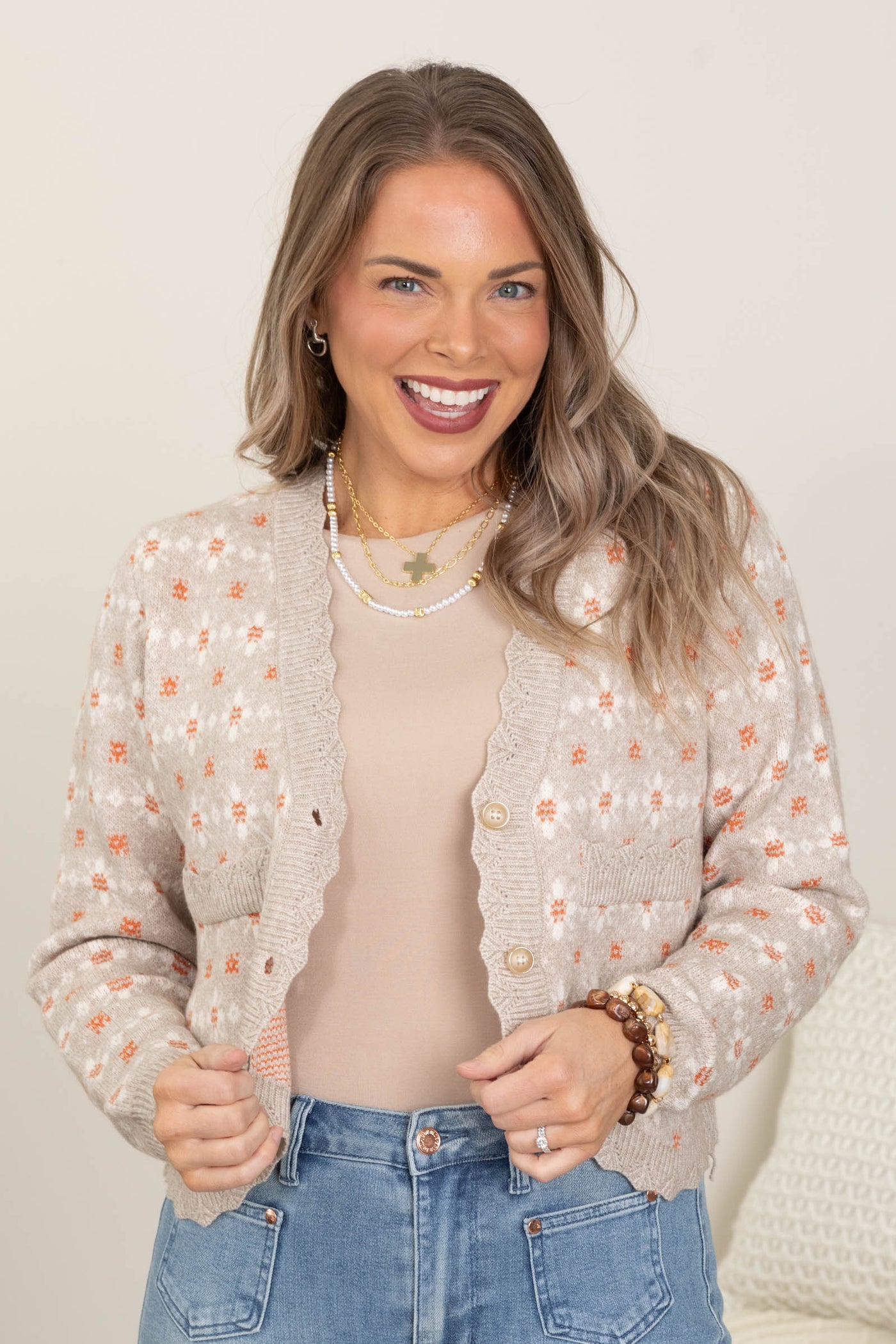 Beige Floral Button Down Sweater Cardigan