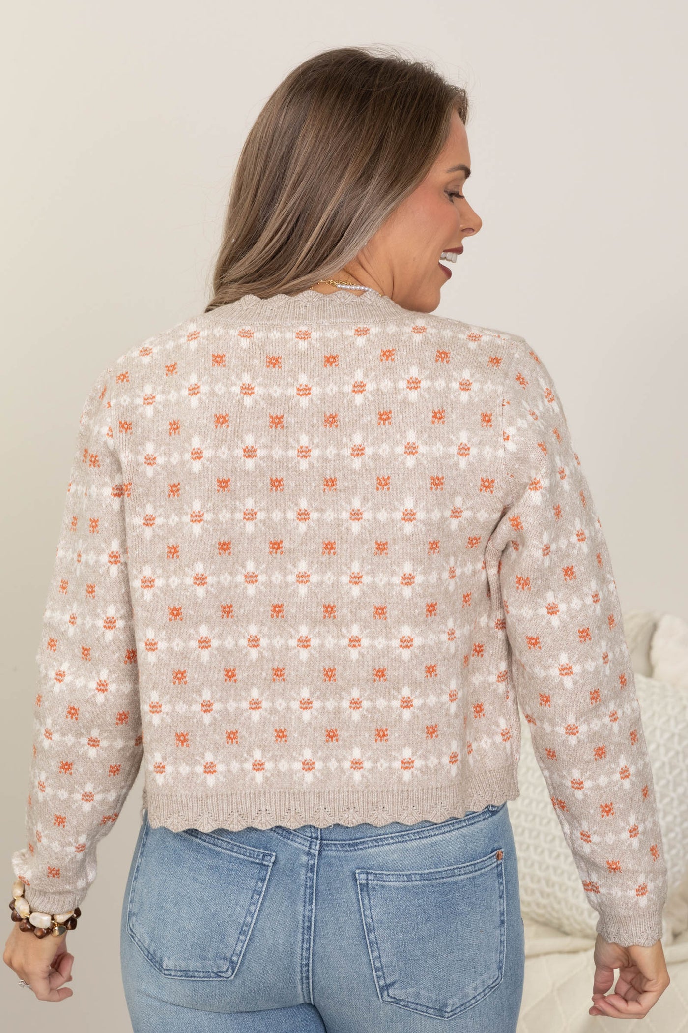 Beige Floral Button Down Sweater Cardigan