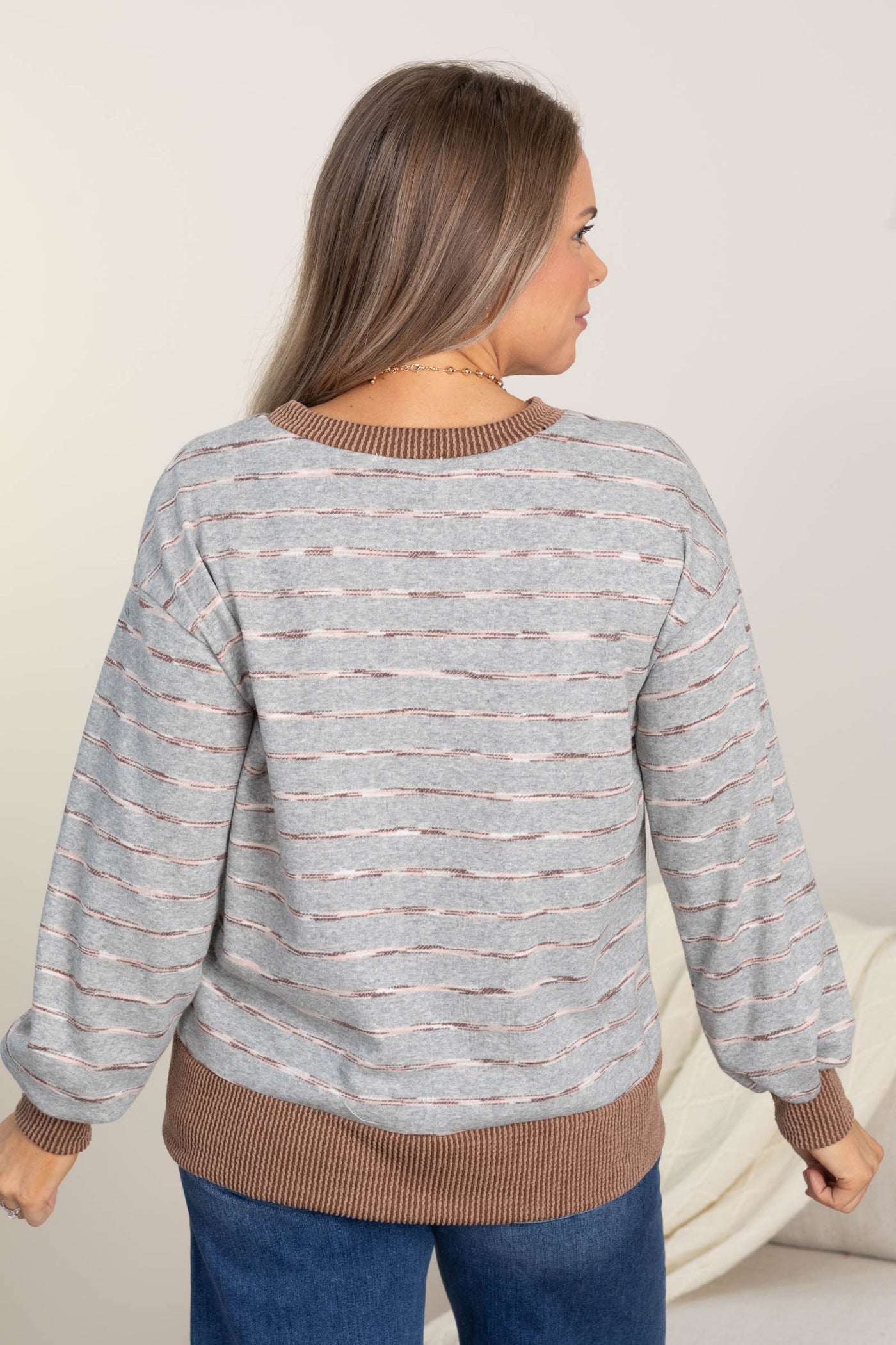 Grey With Stripes Contrast Rib Trim Knit Top