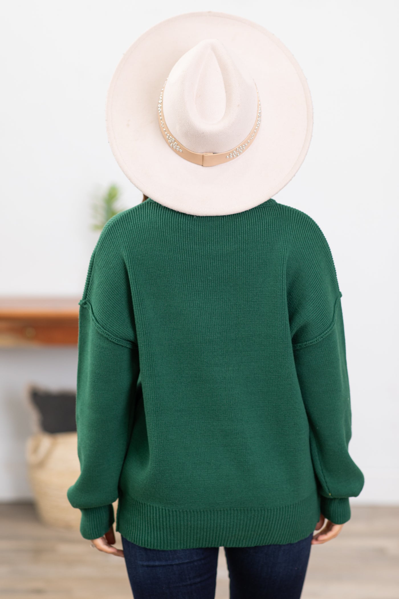 Emerald Drop Shoulder Ribbed Trim Sweater