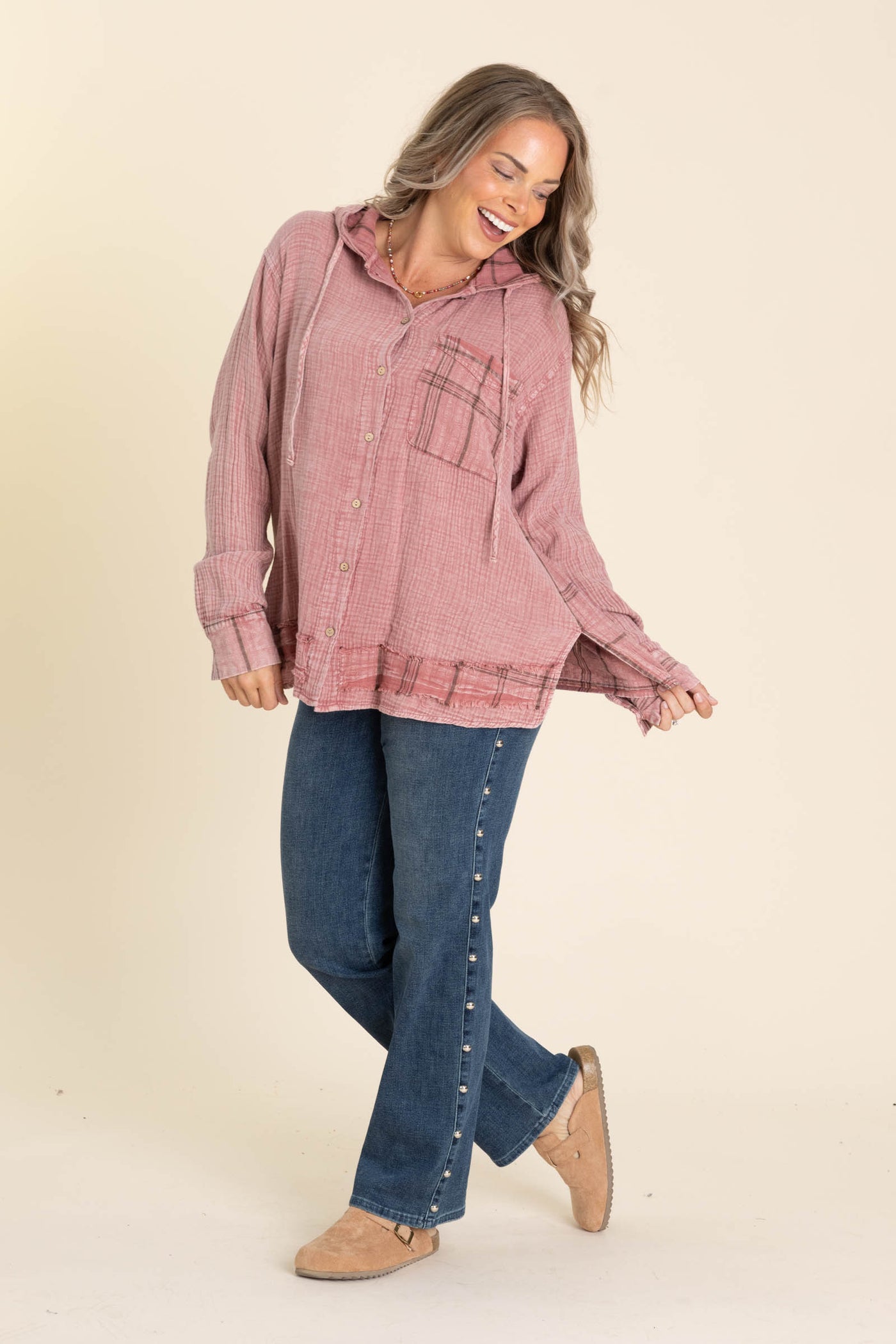 Mauve Plaid Washed Gauze Button Up Hoodie