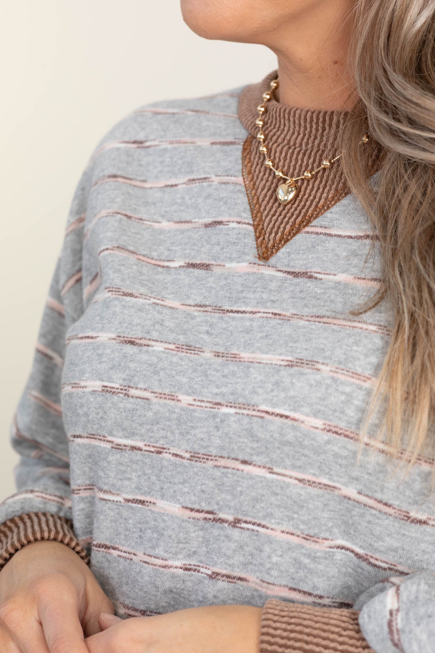 Grey With Stripes Contrast Rib Trim Knit Top