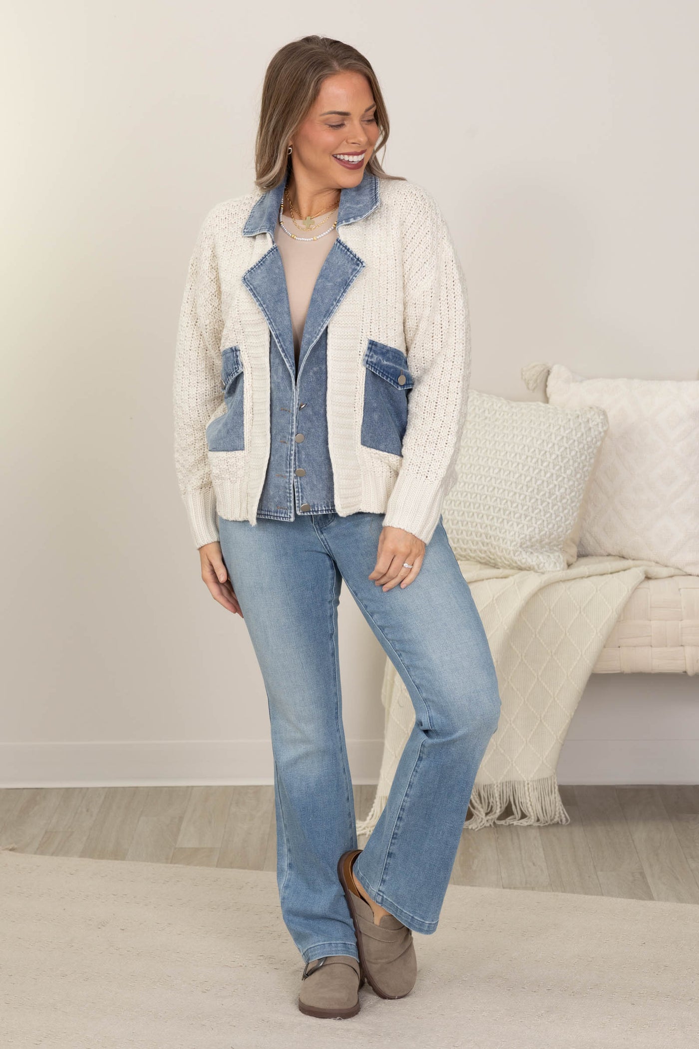 Natural Mixed Media Cable Knit Denim Trim Jacket