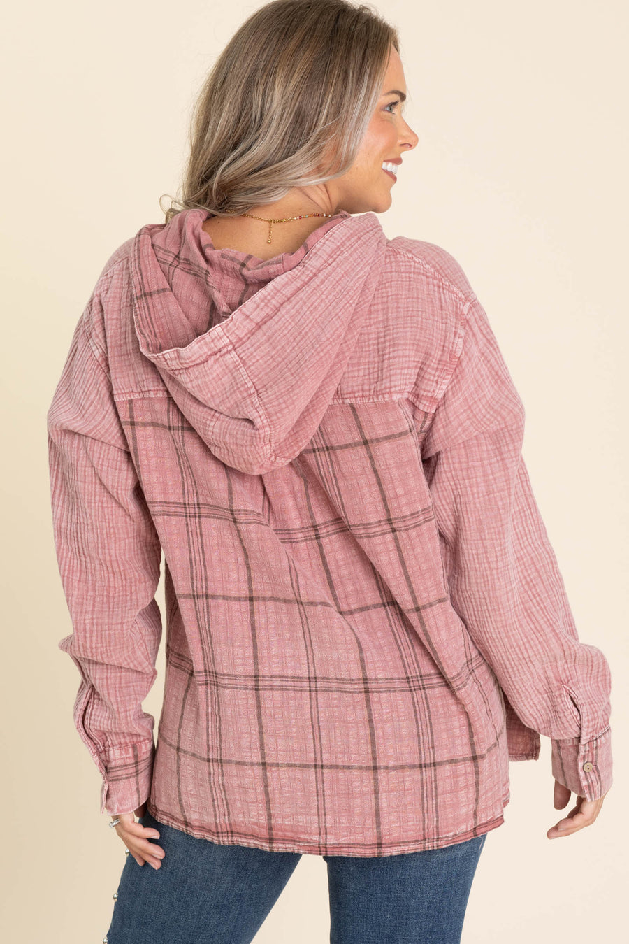 Mauve Plaid Washed Gauze Button Up Hoodie