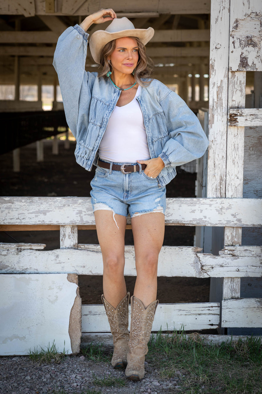 Light Denim Tiered Ruched Denim Jacket