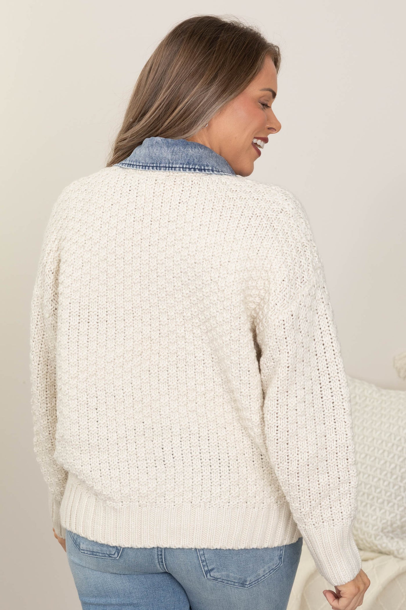 Natural Mixed Media Cable Knit Denim Trim Jacket