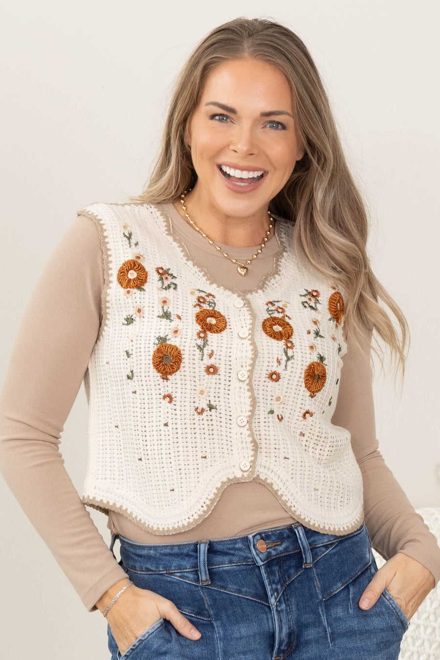 Cream Embroidered Boho Vest